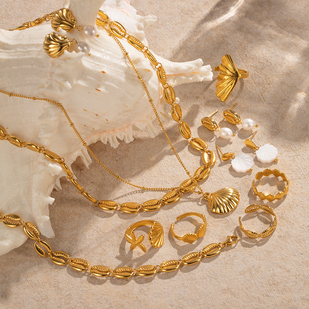 18k Gold Plated Ocean Jewelry Set with Pearl & Shell | Stainless Steel Beach necklace, bracelet, earrings